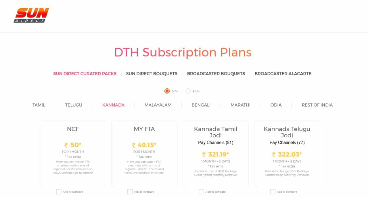 Sun Direct DTH Kannada Subscription Plans