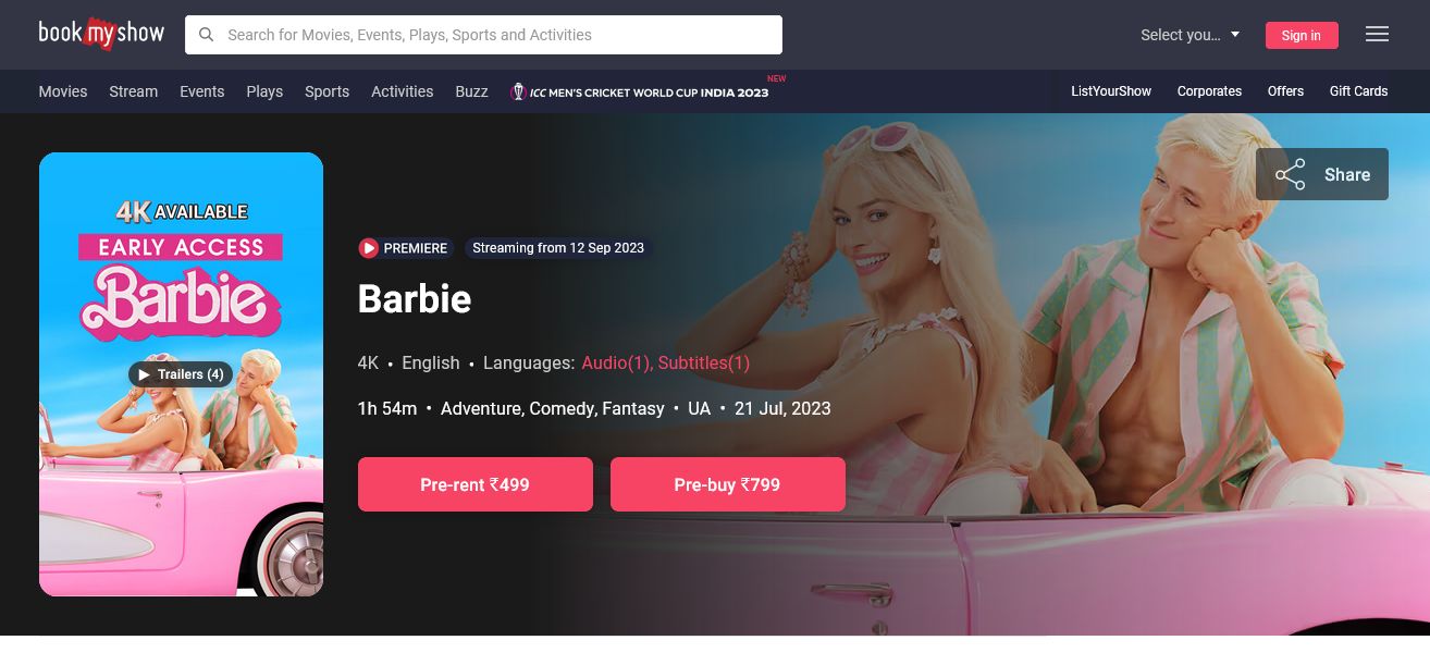 Barbie Movie Watch Online Streaming On BookMyShow Stream From 12 September