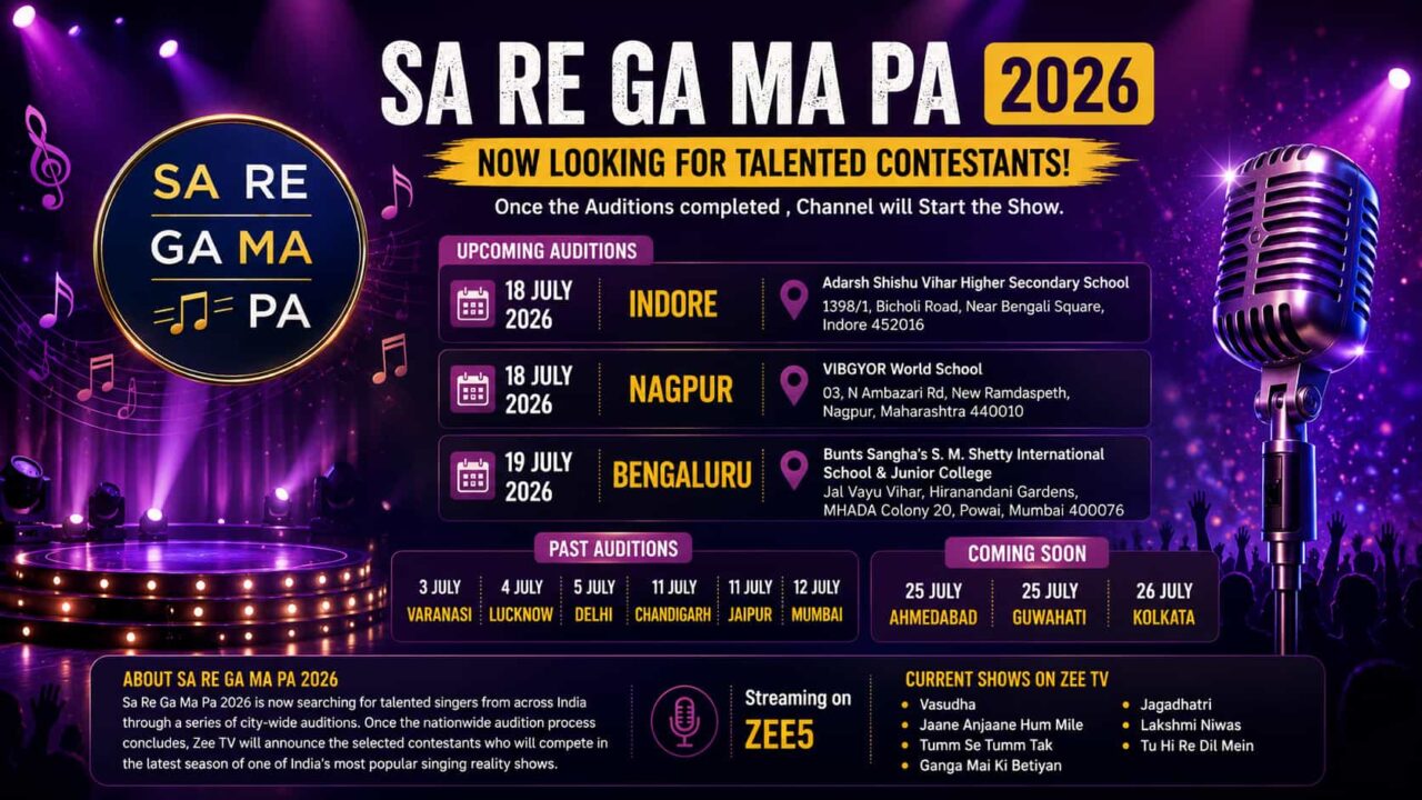 Sa Re Ga Ma Pa 2026 Auditions at Indore, Nagpur and Bengaluru - Dates, Venues and Registration